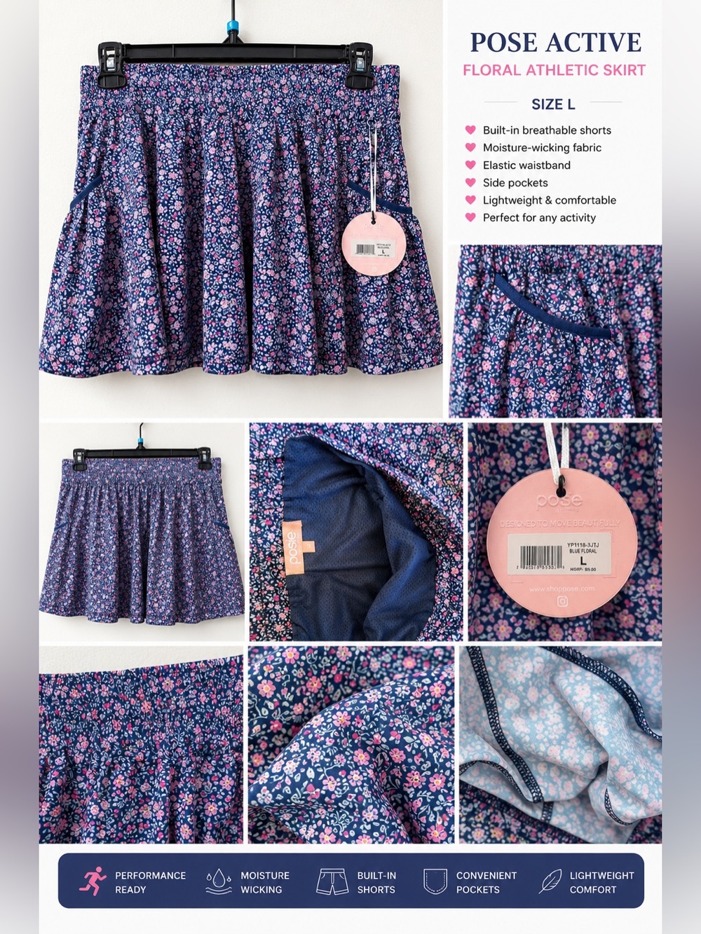 Pose Active Blue Floral Athletic Skort Tennis Golf Running Skirt – Size L – NWT